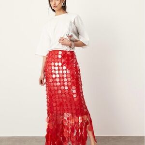 Red Sequin embellished fringe hem Maxi Skirt